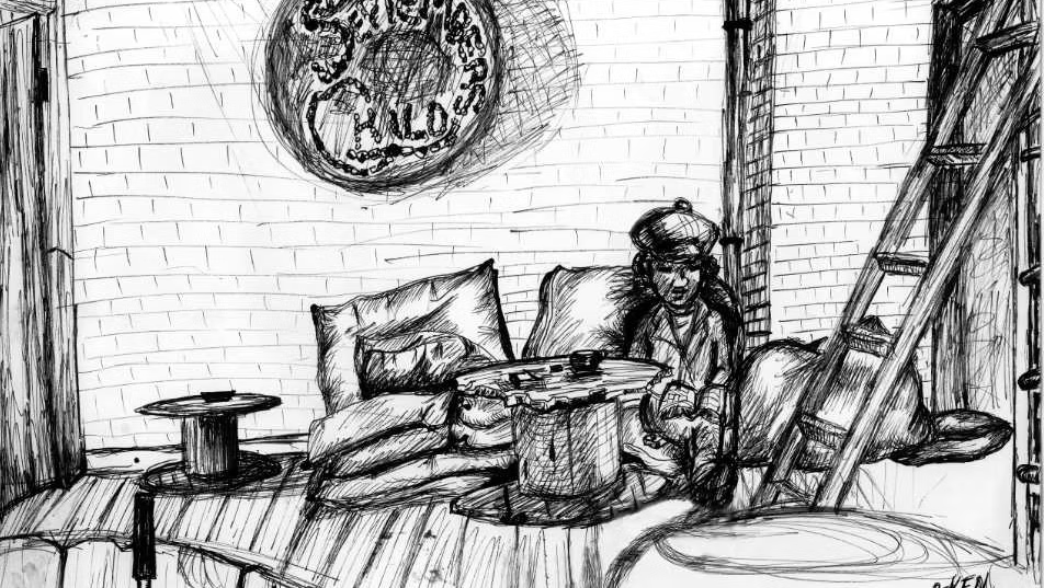 Pen-and-ink drawing of a figure in a flat cap resting amid crates and cushions inside the September's Child coffee house in Brooklyn